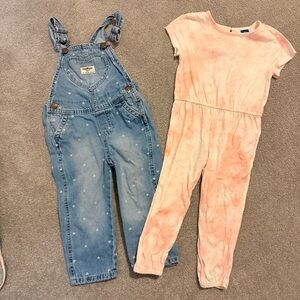 OshKosh B'gosh Denim Heart Overalls & Peach Tie-Dye Jumpsuit Set